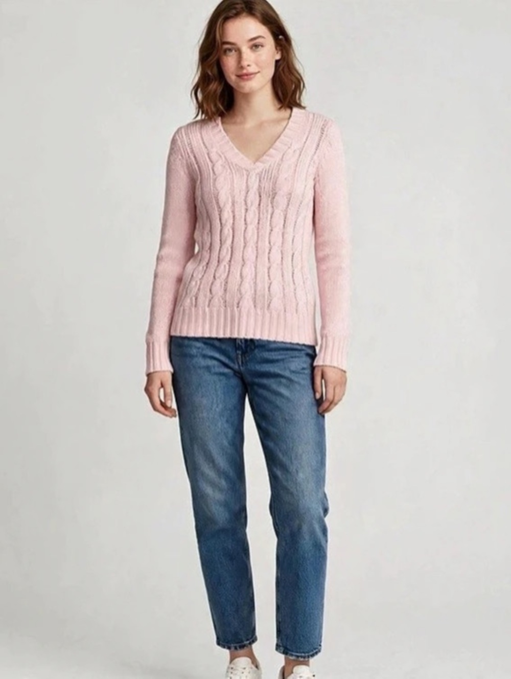 Cable Knit V-Neck Sweater in Pink Like New